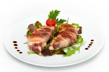 Italian food, Grilled provolone cheese with smoked panceta, served on white plate, isolated on white background