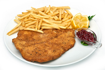 Italian food, Milanese schnitzel with fries  served on white plate, isolated on white background