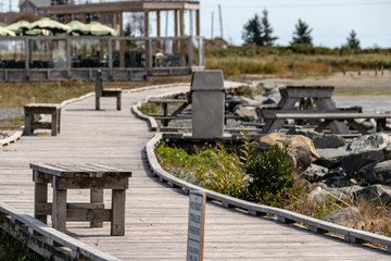 Fototapeta premium wooden walkway with benches and tables by water