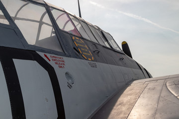 Fototapeta na wymiar Closeup of airplane, old fighter aircraft canopy