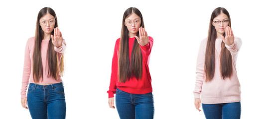 Collage of young beautiful Chinese woman over isolated background doing stop sing with palm of the hand. Warning expression with negative and serious gesture on the face.