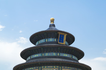 top of the Temple of Heaven with blue sky - Beijing, China     Chinese characters translation : "Hall of Prayer"
