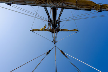 Sails and ropes of the main mast of a caravel ship, Santa María Columbus ships