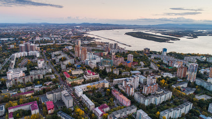 Khabarovsk, the city center . the view from the top. filmed with a drone . Lenin square, Dynamo Park, Ussuri Boulevard