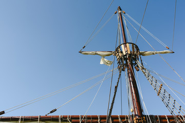 Sails and ropes of the main mast of a caravel ship, Santa María Columbus ships