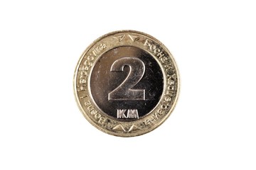 A macro image of a Bosnian 2 convertible mark coin isolated on a white background