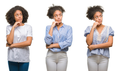 Collage of african american woman over isolated background with hand on chin thinking about question, pensive expression. Smiling with thoughtful face. Doubt concept.