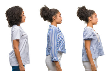 Obraz premium Collage of african american woman over isolated background looking to side, relax profile pose with natural face with confident smile.