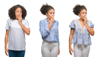 Collage of african american woman over isolated background bored yawning tired covering mouth with hand. Restless and sleepiness.