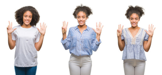 Obraz premium Collage of african american woman over isolated background showing and pointing up with fingers number eight while smiling confident and happy.