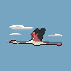 Flying flamingo in the sky pixel art. Vector illustration.