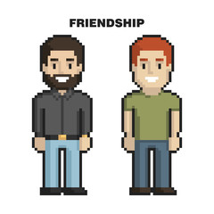 Male friendship. Two friends pixel art on white background. Vector illustration. - 224956941