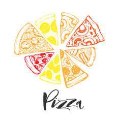 Poster with Pizza. Hand drawn modern brush vector calligraphy. 