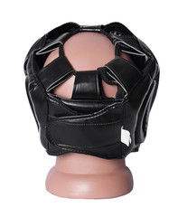 An image of a red boxing helmet on a white background