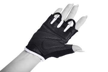 A hand with bicycle glove showing open hand on white background