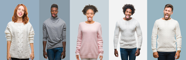 Collage of group of african american and hispanic people wearing winter sweater over vintage background sticking tongue out happy with funny expression. Emotion concept.