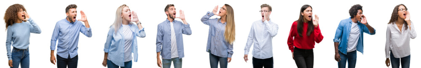 Composition of african american, hispanic and caucasian group of people over isolated white background shouting and screaming loud to side with hand on mouth. Communication concept.
