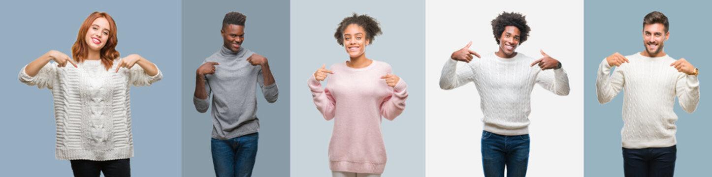 Collage of group of african american and hispanic people wearing winter sweater over vintage background looking confident with smile on face, pointing oneself with fingers proud and happy.