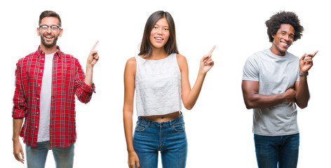 Collage of group of Chinese, african american, hispanic people over isolated background with a big smile on face, pointing with hand and finger to the side looking at the camera.