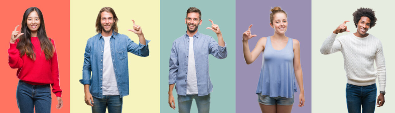 Composition of african american, hispanic and chinese group of people over vintage color background smiling and confident gesturing with hand doing size sign with fingers while looking and the camera.
