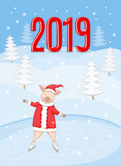 banner 2019 with skating santa piggy on the winter landscape