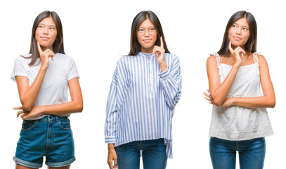 Obraz premium Collage of asian young woman standing over white isolated background with hand on chin thinking about question, pensive expression. Smiling with thoughtful face. Doubt concept.