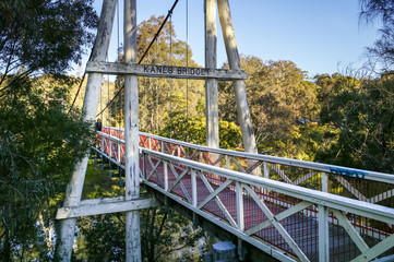 Kanes Bridge, a pedestrian single-span suspension bridge, at Yarra Bend Park, Melbourne, Victoria, Australia