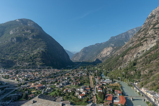 View from the Bard fort of the medieval village and the Dora Baltea river