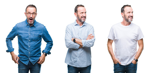 Collage of handsome senior hoary man standing over isolated background smiling looking side and staring away thinking.