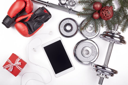 Sport equipment and Christmas decorations. Fitness..