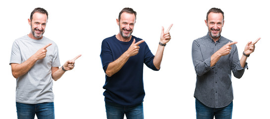 Collage of handsome senior hoary man standing over isolated background smiling and looking at the camera pointing with two hands and fingers to the side.