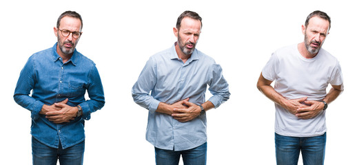 Collage of handsome senior hoary man standing over isolated background with hand on stomach because nausea, painful disease feeling unwell. Ache concept.