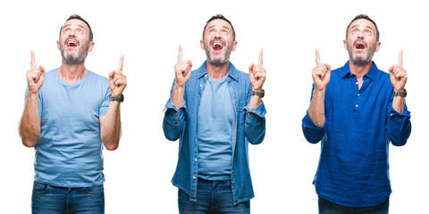 Collage of handsome senior hoary man standing wearing blue shirt over isolated background amazed and surprised looking up and pointing with fingers and raised arms.