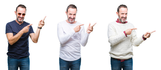 Obraz premium Collage of handsome senior hoary man standing over isolated background smiling and looking at the camera pointing with two hands and fingers to the side.