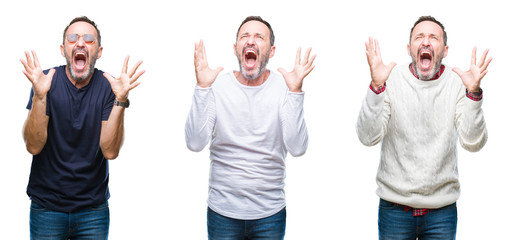 Obraz premium Collage of handsome senior hoary man standing over isolated background crazy and mad shouting and yelling with aggressive expression and arms raised. Frustration concept.