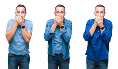 Collage of handsome senior hoary man standing wearing blue shirt over isolated background shocked covering mouth with hands for mistake. Secret concept.
