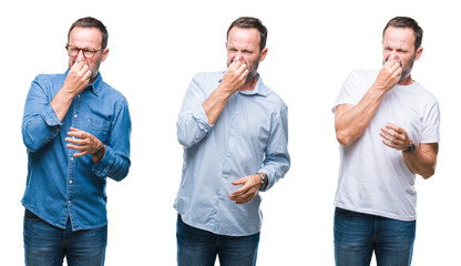 Collage of handsome senior hoary man standing over isolated background smelling something stinky and disgusting, intolerable smell, holding breath with fingers on nose. Bad smells concept.