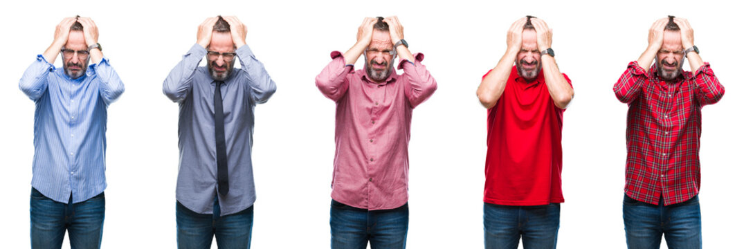 Collage of handsome elegant senior hoary man standing over isolated background suffering from headache desperate and stressed because pain and migraine. Hands on head.