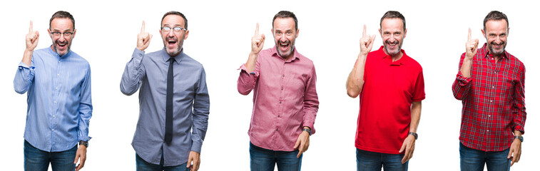 Fototapeta premium Collage of handsome elegant senior hoary man standing over isolated background pointing finger up with successful idea. Exited and happy. Number one.