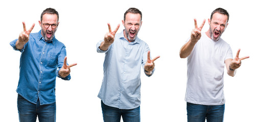 Collage of handsome senior hoary man standing over isolated background smiling looking to the camera showing fingers doing victory sign. Number two.