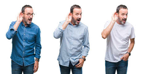 Collage of handsome senior hoary man standing over isolated background smiling with hand over ear listening an hearing to rumor or gossip. Deafness concept.