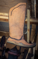 Set of traditional hand made leather shoes in bazaar