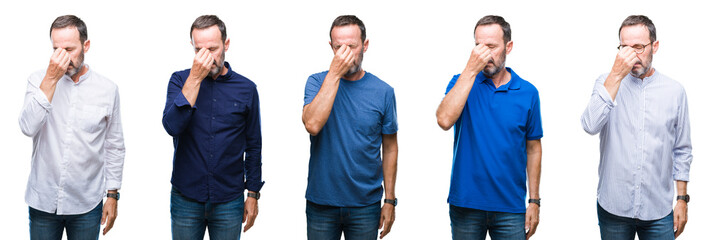 Collage of handsome senior hoary elegant business man standing over isolated background tired rubbing nose and eyes feeling fatigue and headache. Stress and frustration concept.