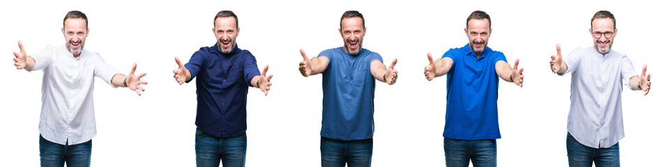 Collage of handsome senior hoary elegant business man standing over isolated background looking at the camera smiling with open arms for hug. Cheerful expression embracing happiness.