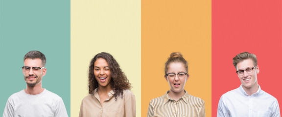 Collage of a group of people isolated over colorful background winking looking at the camera with...