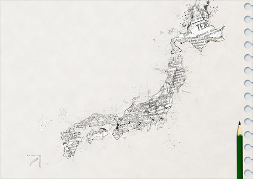 ノートに鉛筆で描いた日本地図