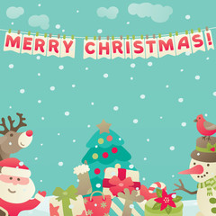 Merry christmas greeting card at flat style. Vector background with Santa Claus, snowman, christmas decoration, bunting and hand drawn lettering text