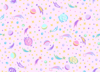 Seamless rose doodle space fabric textile pattern with planets, stars, galaxies on pink pastel background in kids design