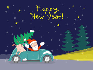 New year night card with santa and pig in retro car