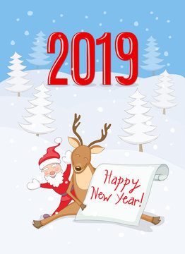 New year 2019 card with reindeer, santa and scroll